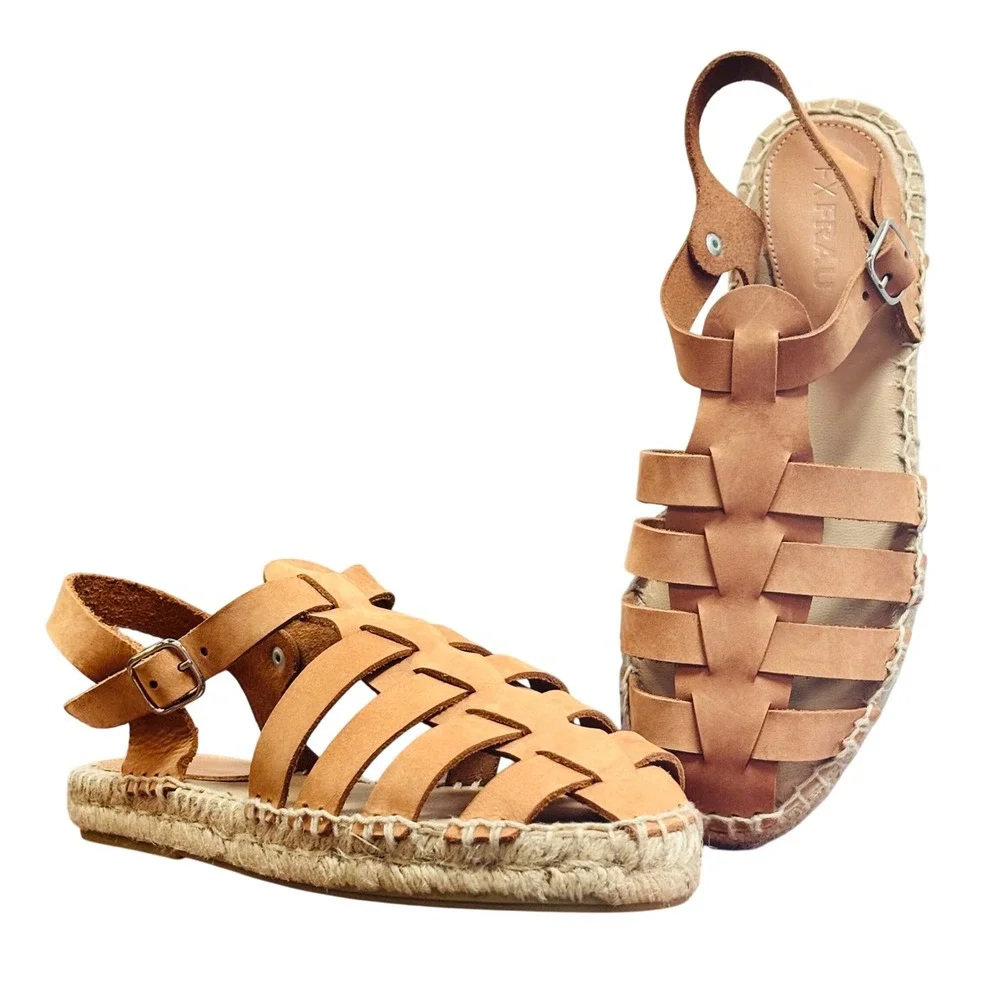 NEW FX FRAU Tan Nubuck Leather Fisherman Espadrille Sandals Made in Spain S 37